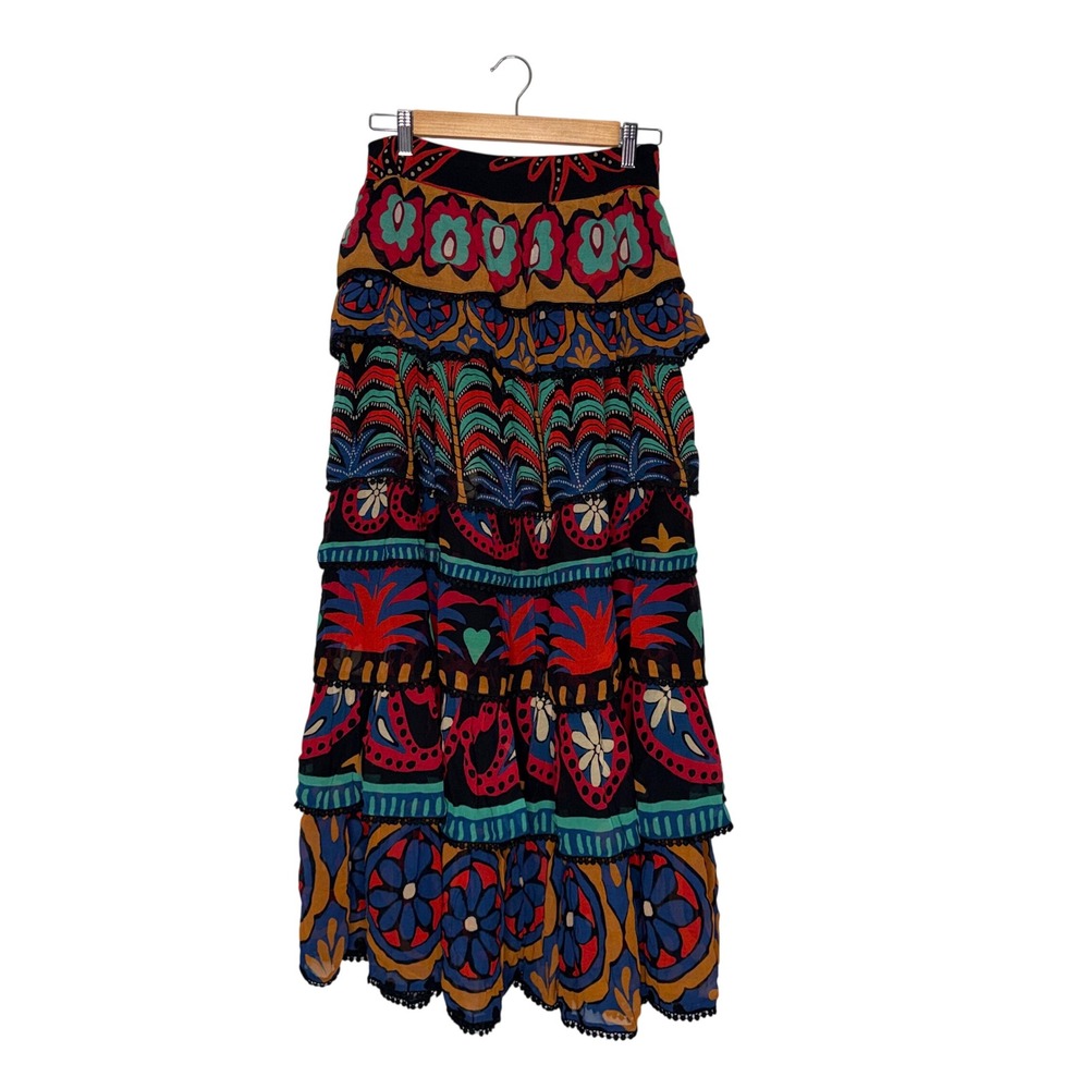 Farm Rio Tiered Maxi Skirt Womens XS Multicolor Good Pom Pom Trim Tropical